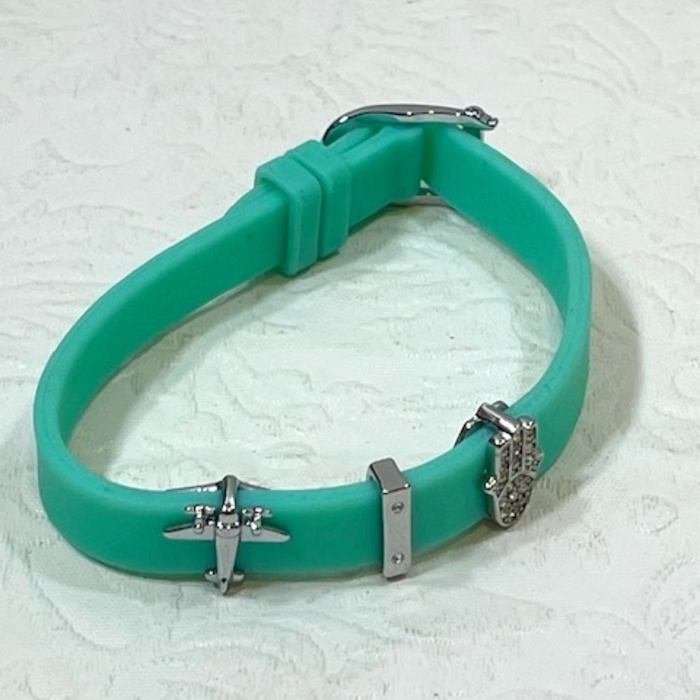 Sea Foam Green Rhinestones Silver Tone Charms Airplane Hamsa Rubber Adj Bracelet